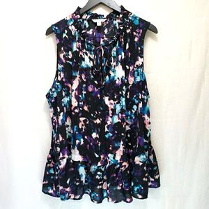 NWT Boutique Black Teal Purple Plus Sx 2X Top Ruffle Hem & Collar Bow Tie Neck